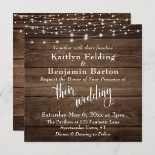 Invitation Rustique Brown Bois Lumières & Script, Mariage