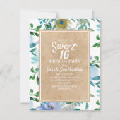 Invitation Rustique Brown Kraft Bleu Blanc Floral Sweet 16 (Devant)