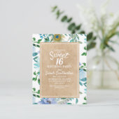Invitation Rustique Brown Kraft Bleu Blanc Floral Sweet 16 (Debout devant)