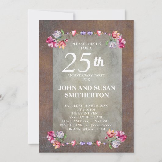Invitation Rustique Brown rose violet floral 25e anniversaire (Devant)