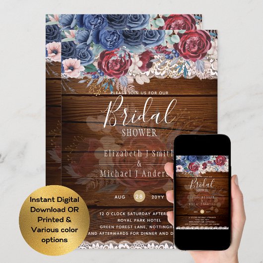 Invitation Rustique Burgundy Blue Floral Fête des mariées num