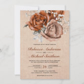 Invitation Rustique Burlap Brûlé Orange Rose Mariage en terre (Devant)