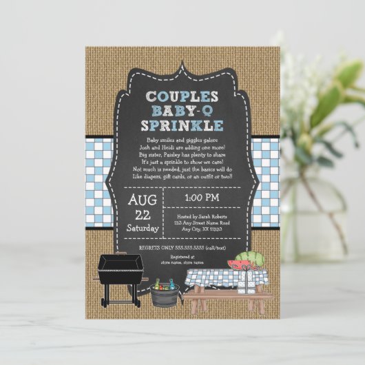 Invitation Rustique Burlap Couples Garçon Bébé Q Sprinkle Dou (Debout devant)