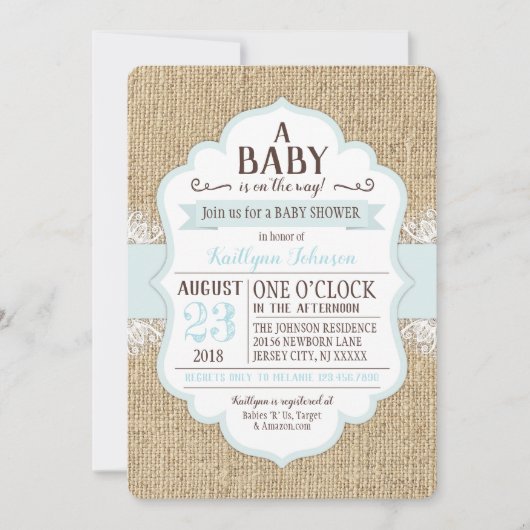 Invitation Rustique Burlap Dentelle Baby shower bleu Invitati (Devant)