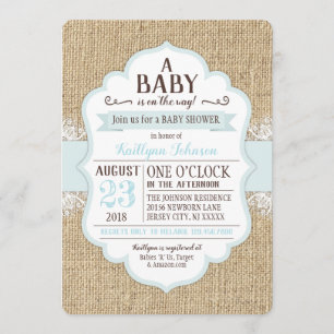 Invitation Rustique Burlap Dentelle Baby shower bleu Invitati