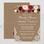 Invitation Rustique Burlap Dentelle Bourgogne Fête des mariée (Devant / Derrière)