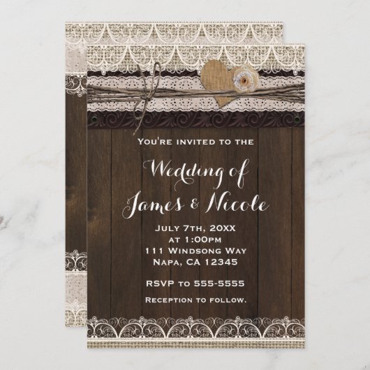 Invitation Rustique Burlap Dentelle et mariage en bois Invita (Devant / Derrière)