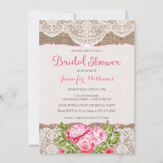 Invitation Rustique Burlap dentelle nuptiale Roses d'invitati (Devant)