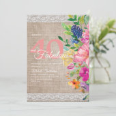 Invitation Rustique Burlap dentelle rose bleu floral 40e anni (Debout devant)