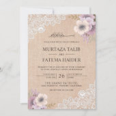 Invitation Rustique Burlap dentelle rose Floral Mariage islam (Devant)