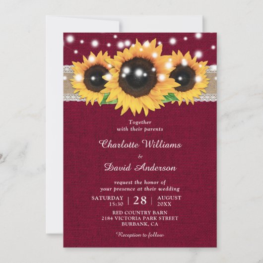 Invitation Rustique Burlap Dentelle Tournesol Bourgogne Maria (Devant)