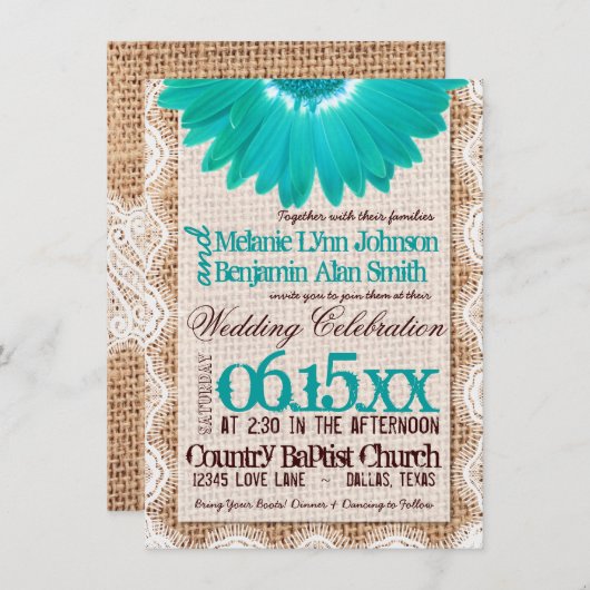 Invitation Rustique Burlap dentelle Turquoise marbre de marbr (Devant / Derrière)