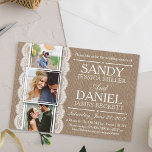 Invitation Rustique Burlap & Lace 3 Wedding shower photo pers<br><div class="desc">Ces invitations wedding showers sont parfaites pour tout couple qui planifie une fête à thème rustique ! Le design est doté d'un arrière - plan à effet de rotule et dentelle avec placement pour 3 photos. Nous vous recommandons d'utiliser une photo carré pour la plus grande image du milieu dans...</div>