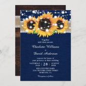 Invitation Rustique Burlap Lace Tournesol Mariage bleu marine (Devant / Derrière)