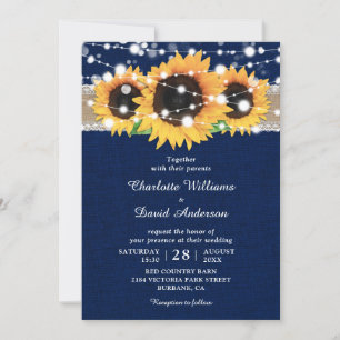 Invitation Rustique Burlap Lace Tournesol Mariage bleu marine