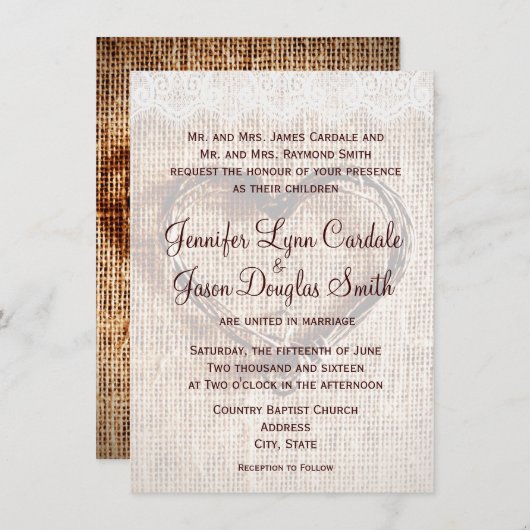 Invitation Rustique Burlap Lace Twine Coeur Mariage Invitatio (Devant / Derrière)