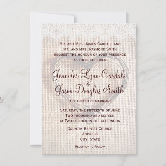 Invitation Rustique Burlap Lace Twine Coeur Mariage Invitatio (Devant)