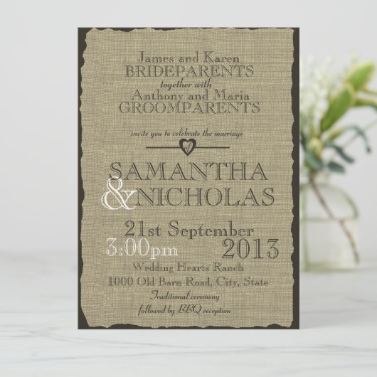 Invitation Rustique Burlap Look Mariage (Debout devant)