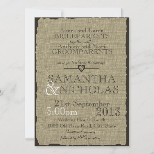Invitation Rustique Burlap Look Mariage (Devant)