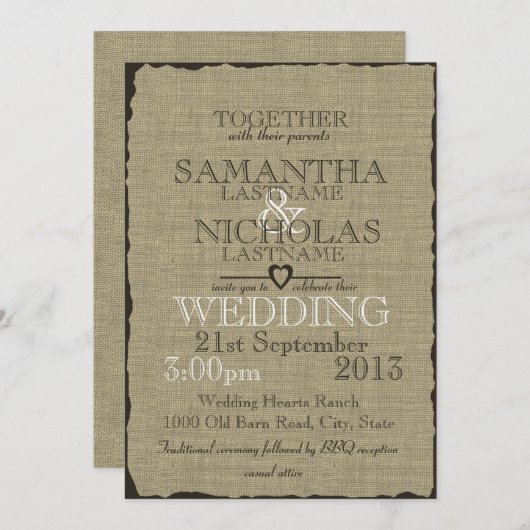 Invitation Rustique Burlap Look Mariage 5x7 (Devant / Derrière)