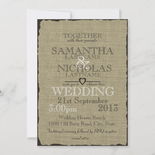 Invitation Rustique Burlap Look Mariage 5x7 (Devant)