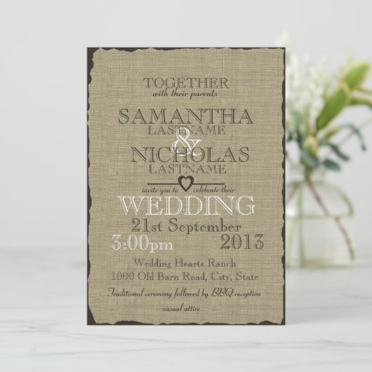 Invitation Rustique Burlap Look Mariage 5x7 (Debout devant)