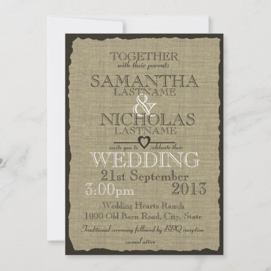 Invitation Rustique Burlap Look Mariage 5x7 (Devant)