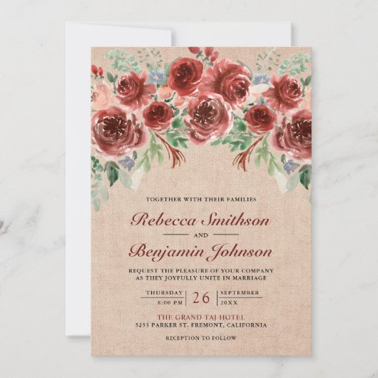 Invitation Rustique Burlap Marsala Floral Photo QR Code Maria (Devant)