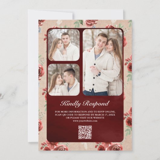 Invitation Rustique Burlap Marsala Floral Photo QR Code Maria (Dos)