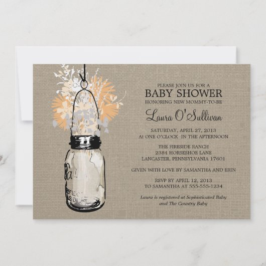 Invitation Rustique Burlap Mason Jar Baby shower Fleur sauvag (Devant)