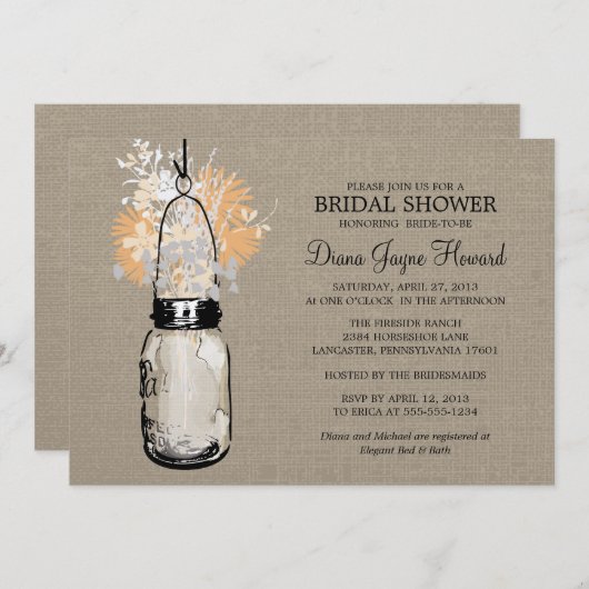 Invitation Rustique Burlap Mason Jar et Fleur sauvage (Devant / Derrière)