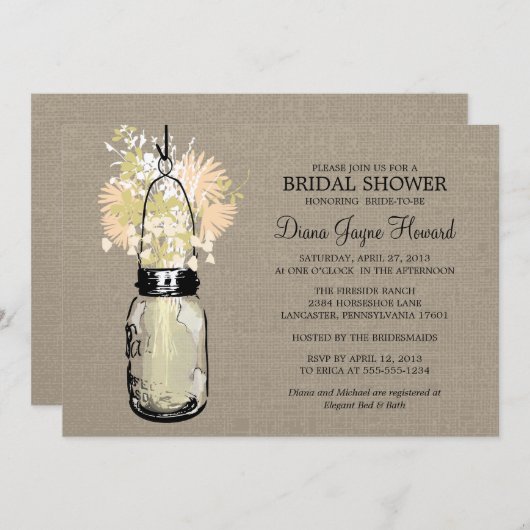 Invitation Rustique Burlap Mason Jar et Fleur sauvage (Devant / Derrière)