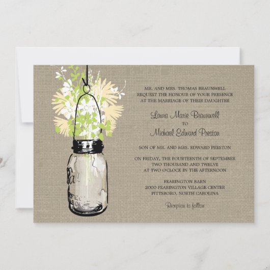 Invitation Rustique Burlap Mason Jar et Mariage Fleur sauvage (Devant)