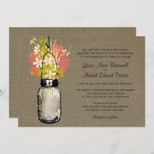 Invitation Rustique Burlap Mason Jar et Mariage Fleur sauvage (Devant / Derrière)