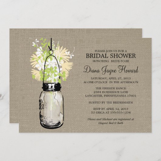 Invitation Rustique Burlap Mason Jar Fête des mariées Fleur s (Devant / Derrière)