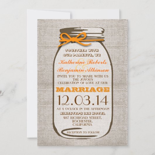 Invitation Rustique Burlap Mason Jar Mariage (Devant)