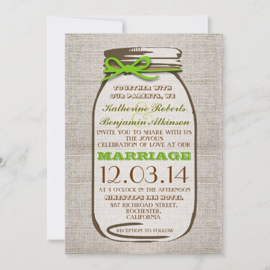 Invitation Rustique Burlap Mason Jar Mariage (Devant)
