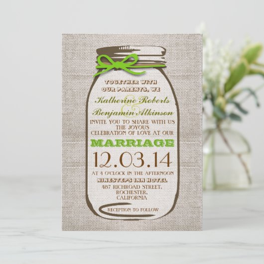 Invitation Rustique Burlap Mason Jar Mariage (Debout devant)