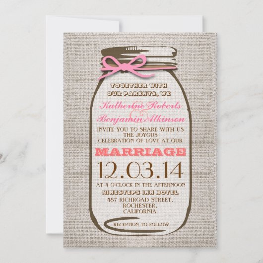 Invitation Rustique Burlap Mason Jar Mariage (Devant)