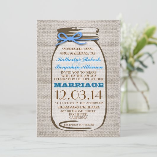 Invitation Rustique Burlap Mason Jar Mariage (Debout devant)