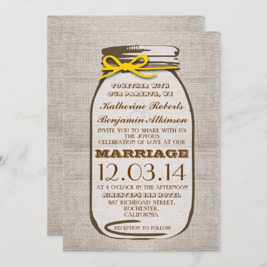 Invitation Rustique Burlap Mason Jar Mariage (Devant / Derrière)