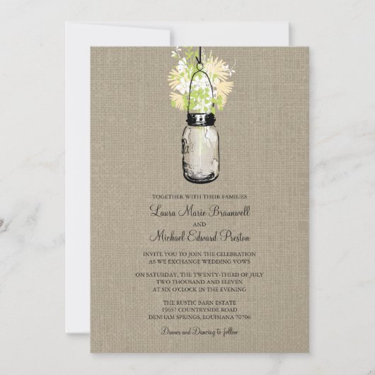 Invitation Rustique Burlap Mason Jar Mariage Fleur sauvage (Devant)