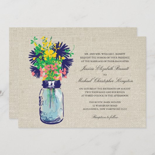 Invitation Rustique Burlap Mason Jar Mariage Fleur sauvage (Devant / Derrière)