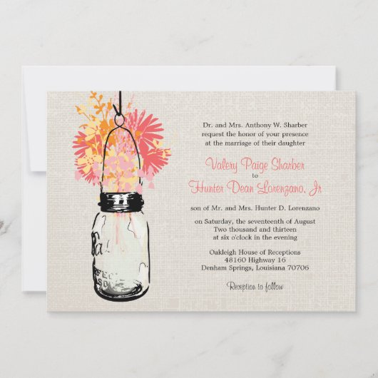 Invitation Rustique Burlap Mason Jar Mariage Fleur sauvage (Devant)