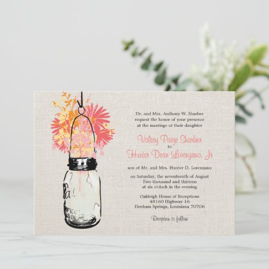 Invitation Rustique Burlap Mason Jar Mariage Fleur sauvage (Debout devant)