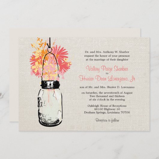 Invitation Rustique Burlap Mason Jar Mariage Fleur sauvage (Devant / Derrière)
