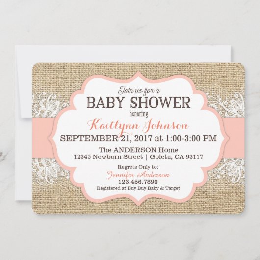 Invitation Rustique Burlap Moderne dentelle Coral Baby shower (Devant)