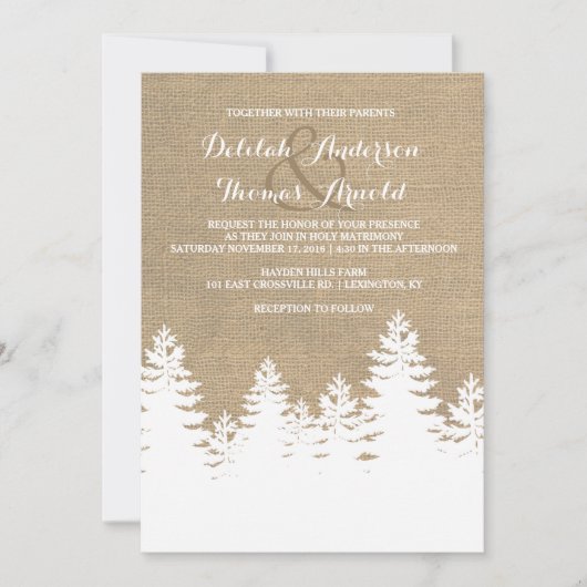 Invitation Rustique Burlap Pine Trees Hiver Mariage Invitatio (Devant)