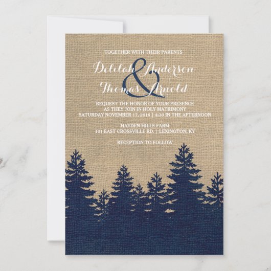 Invitation Rustique Burlap Pine Trees Hiver Mariage Invitatio (Devant)