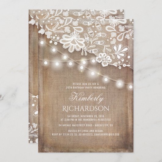 Invitation Rustique Burlap String Lights dentelle fête d'anni (Devant / Derrière)